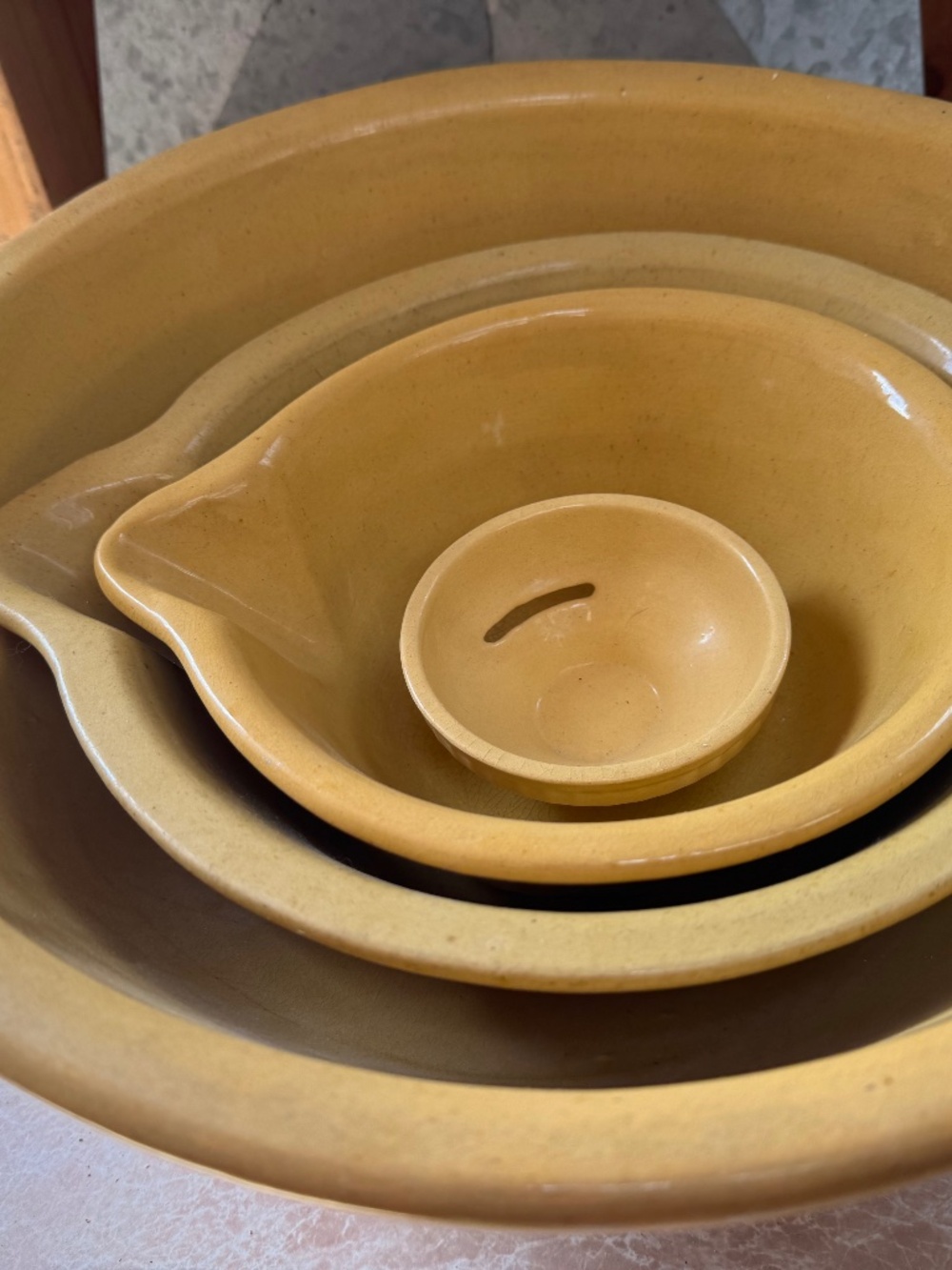 Rare Antique Jeffords Yellow Ware Molded Nesting Mixing Batter Bowl Set of 4